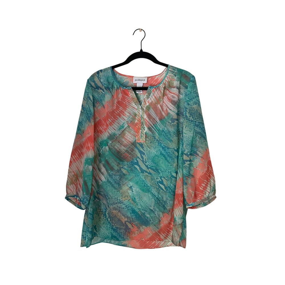 Peck & Peck Sheer Aqua Coral Artsy Blouse Beaded Neck Y2K Beachy Top M